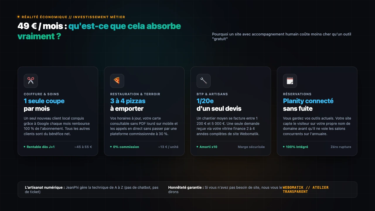 Infographie comparative 49 euros par mois par métier : coiffeur, restaurant, artisan BTP, Planity